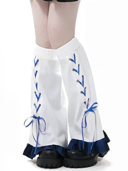 White Blue Plaid Hem Lace-up Detail Leg Warmers