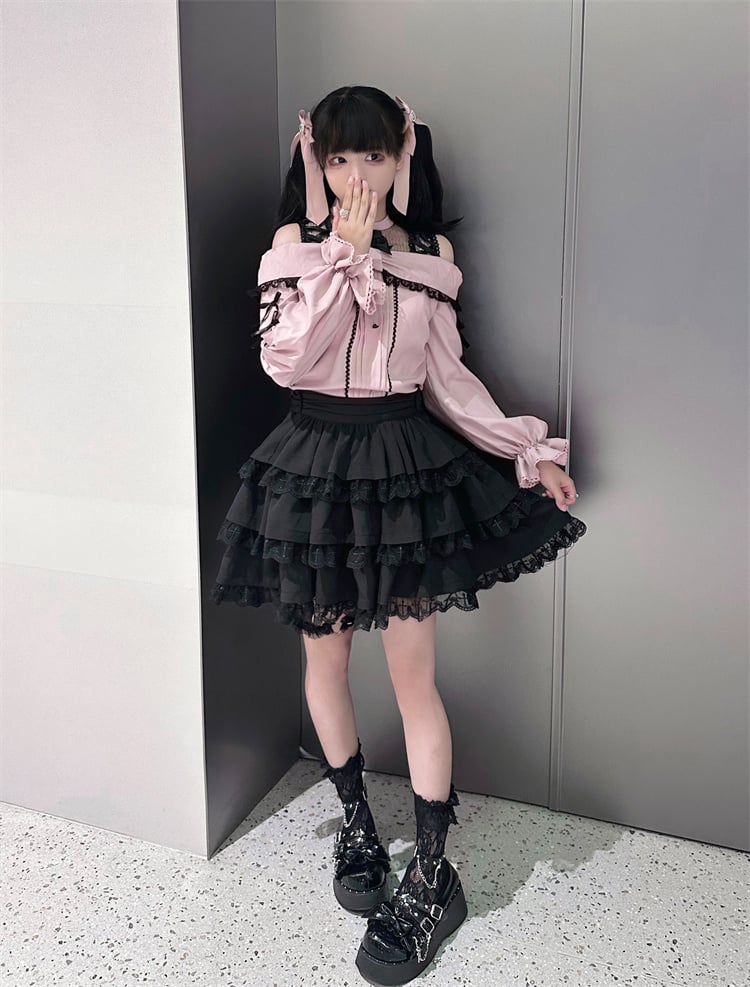 with Pink Bow Black Kei Open Blouse Shoulder Details Jirai Neckline Illusion