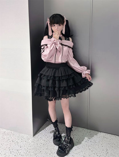 with Pink Bow Black Kei Open Blouse Shoulder Details Jirai Neckline Illusion