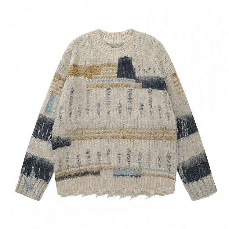 コーヒー/アプリコット パッチワーク ディストレスホールズ ルーズセーター