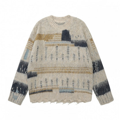 コーヒー/アプリコット パッチワーク ディストレスホールズ ルーズセーター