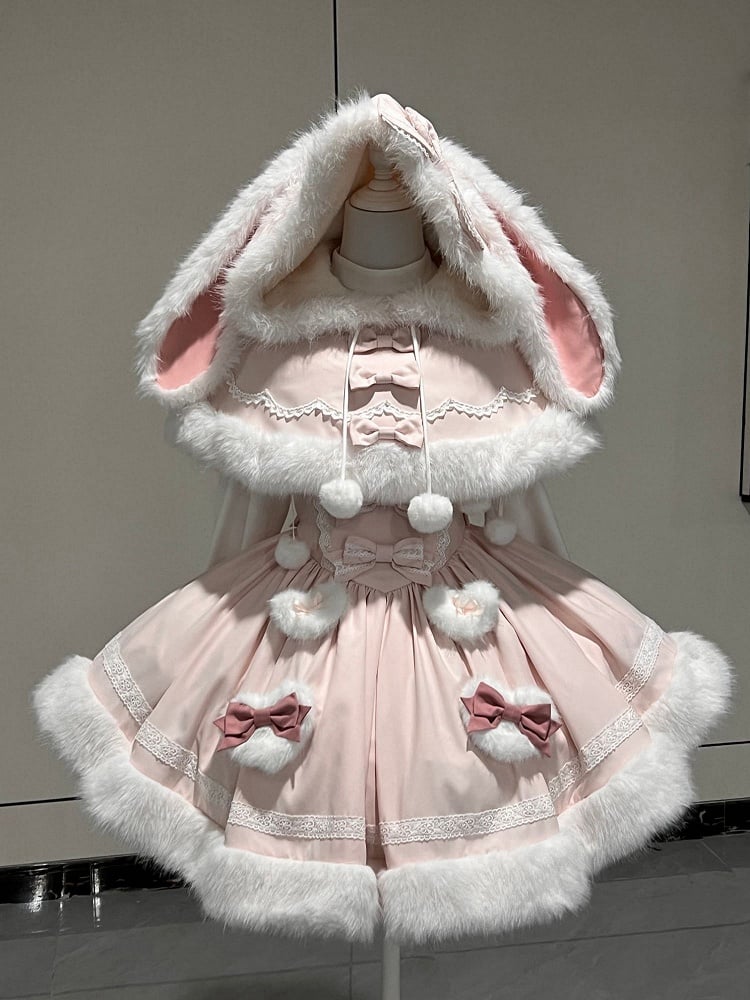 Plush Hooded Trimming Cape Bunny Pink White Winter Ears with