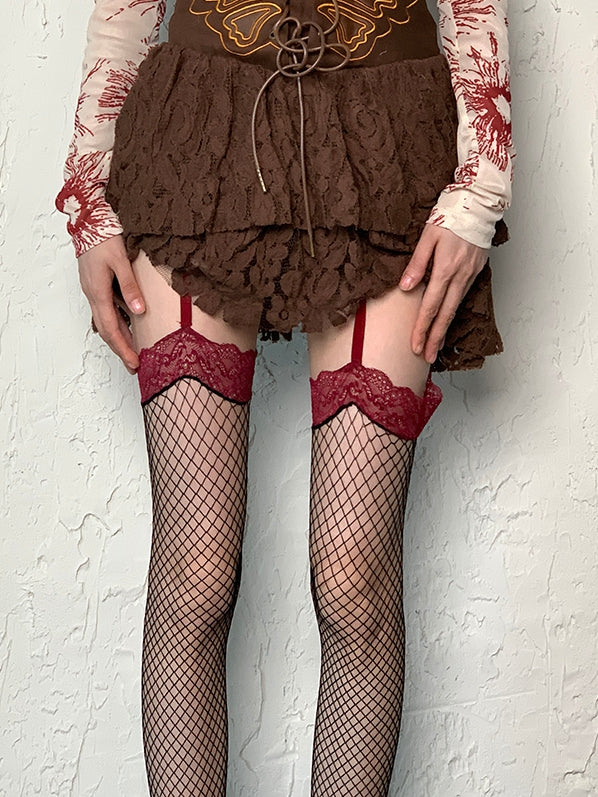 RedBlack Fishnet Design Stockings Trim Suspender Lace Y2K