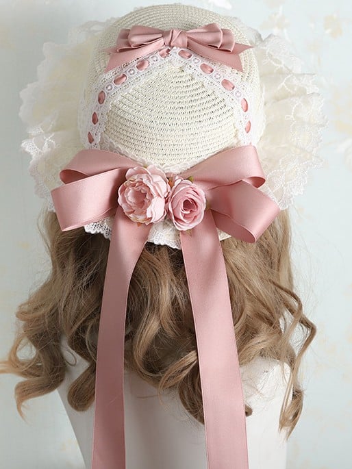 Sweet Design Hat Bowknot Lolita Straw 5 Color Options Lace Floral