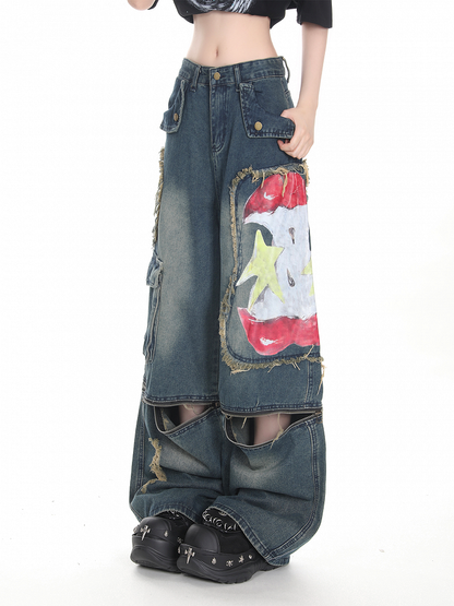 Wide-leg Deep Y2K Blue Graffiti with Print Distressed Jeans Convertible Apple Design