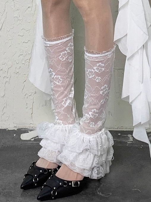 ホワイトパターン セミシースルー シーブス 花柄フリルトリム Y2K レッグ