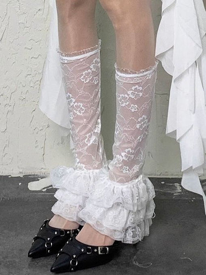 ホワイトパターン セミシースルー シーブス 花柄フリルトリム Y2K レッグ