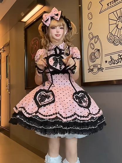 Heart Black Sweet Dot Polka Sweetheart Bow with Dress Accents Applique Pink Lolita