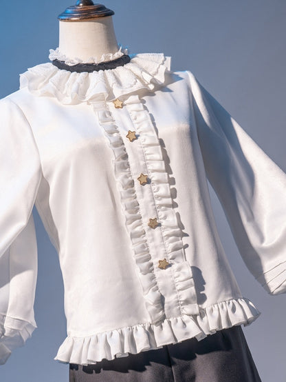 Black and White Ouji Lolita Full Set - White Shirt + Black Shorts + Musical Note Print Black Robe