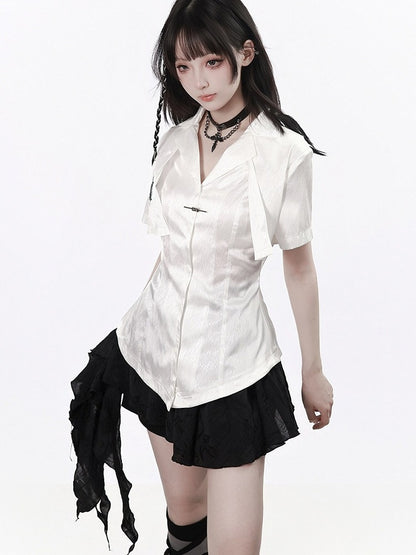 White Fake Two-Piece Herringbone Short Sleeve Shirt - PINK SAVIOR