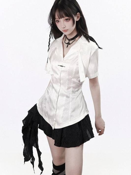 White Fake Two-Piece Herringbone Short Sleeve Shirt - PINK SAVIOR