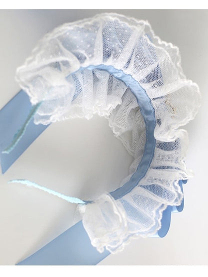 KC Beaded Decorated Bowknot Lolita BlueWhite Sweet Heart Ruffled Detachable