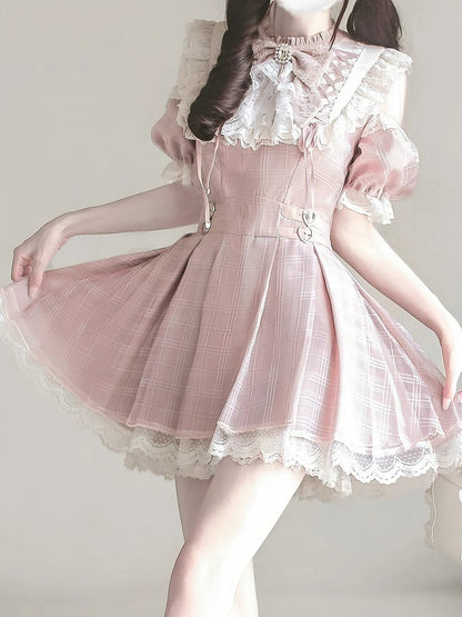 Cutout Neck Kei with Pink Lace Plaid Lace-up Dusty Jirai in Style White Shoulder Dress Details