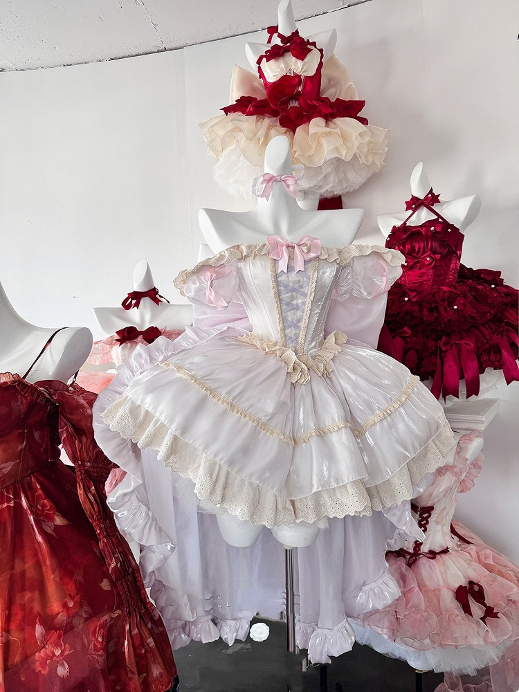 軽いドレススクエアネックラインとショートパフスリーブスイートロリータプリンセスパープルパフィー