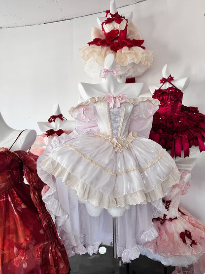 軽いドレススクエアネックラインとショートパフスリーブスイートロリータプリンセスパープルパフィー