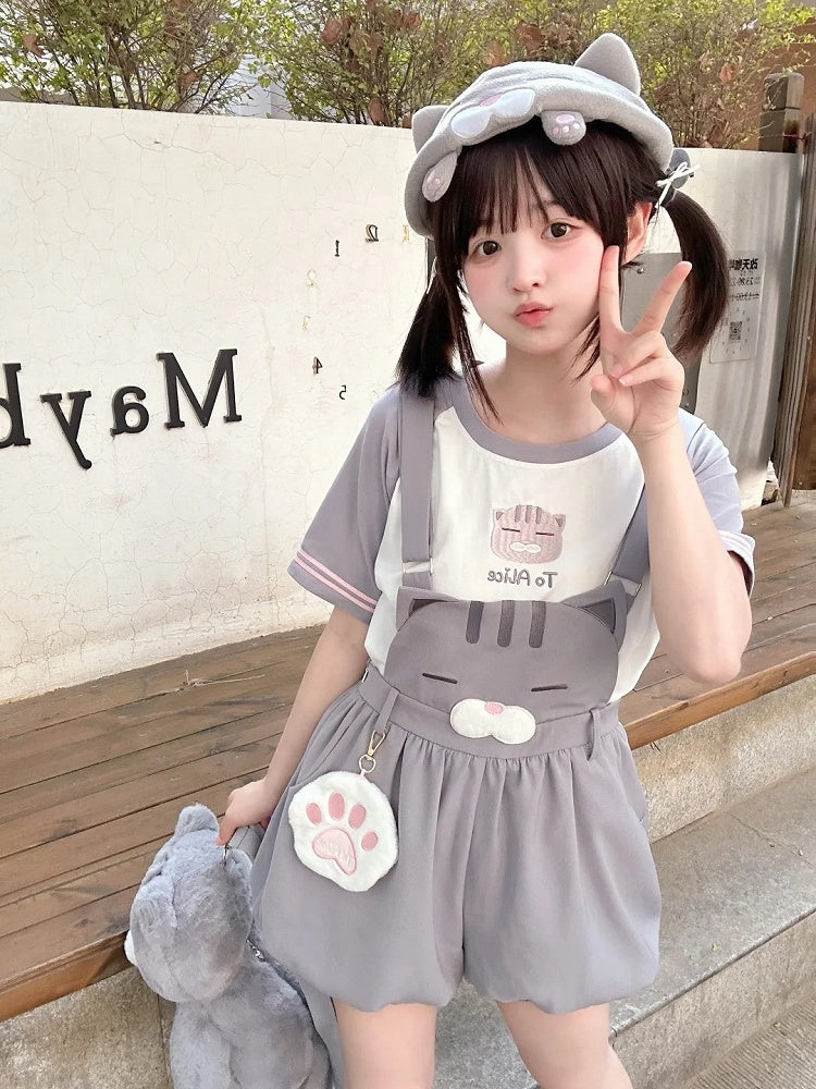 Shorts Bubble Overalls Adorable Kitty Pattern Gray