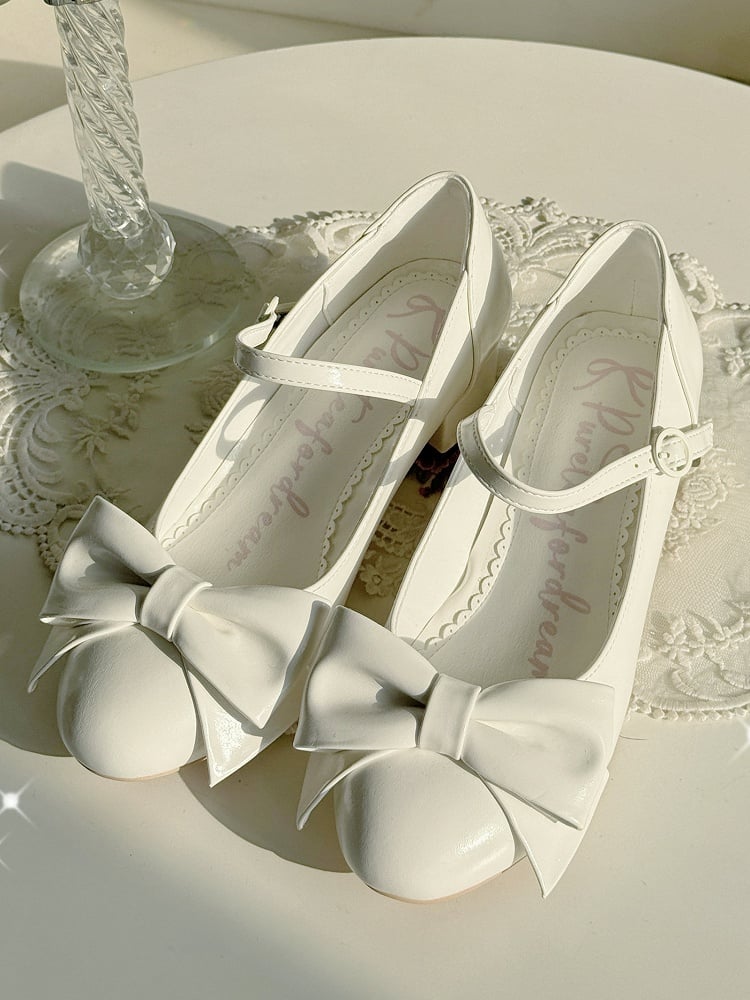 4cm Heeled Elegant Lolita Waxed White Mary Jane Shoes - Bow Decor & Round Snap