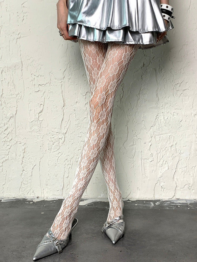 Floral Design Cut-out White Pattern Tights Y2K