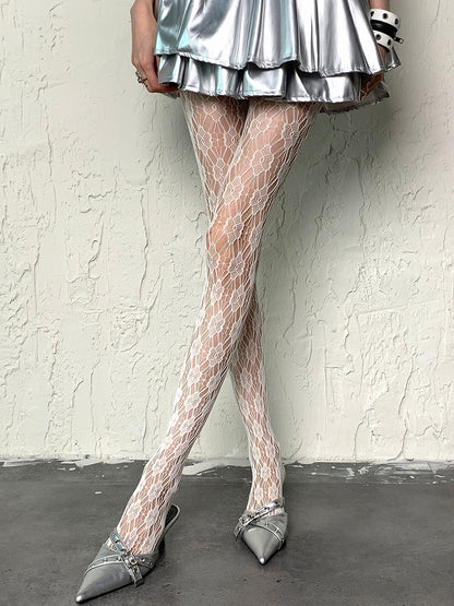 Floral Design Cut-out White Pattern Tights Y2K