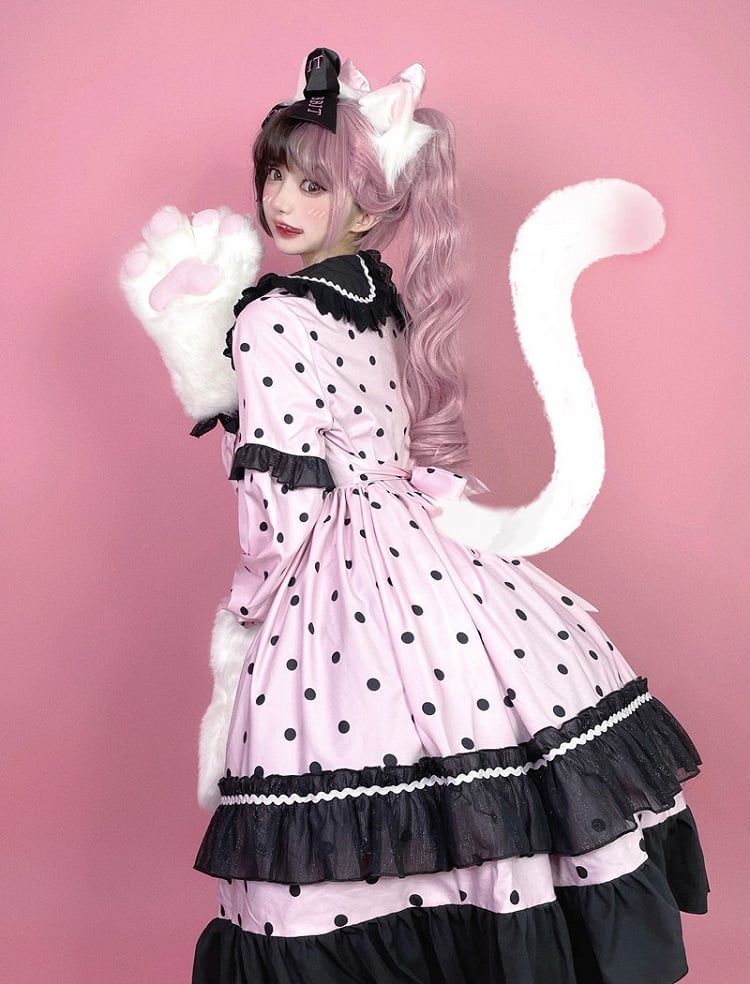 Lolita Dot Cute Long with Black Ruffle Sleeve Polka Dress Pink Details OP
