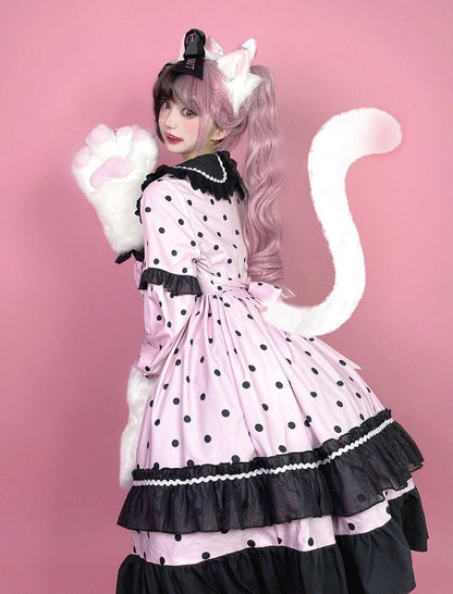 Lolita Dot Cute Long with Black Ruffle Sleeve Polka Dress Pink Details OP