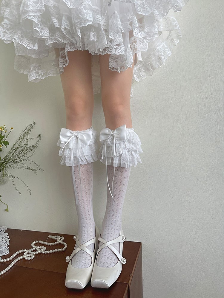 Unterknee-Besatz Strümpfe Herz Bowknot Print Rüschen Spitze Weiß/Schwarz
