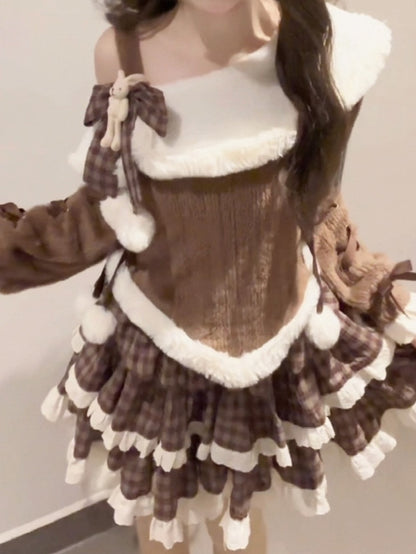 Top Shoulder Sweet Set Skirt Brown Cutout Plaid Lolita + Knit