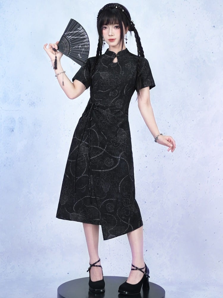 Black Gothic Short Sleeve Cheongsam Sea Lily Print - Quirky Hut