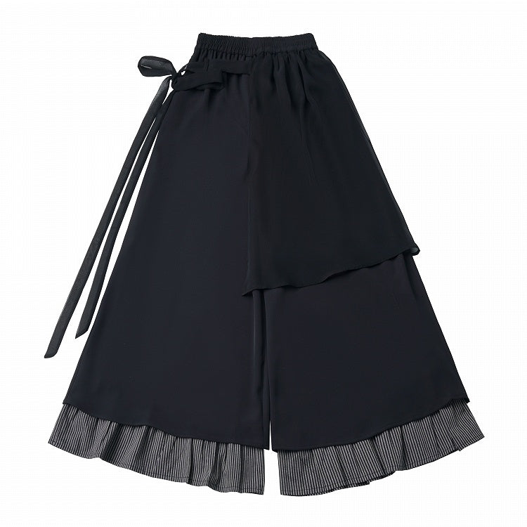 Black Wide-Leg Pants with Striped Hem - PINK SAVIOR