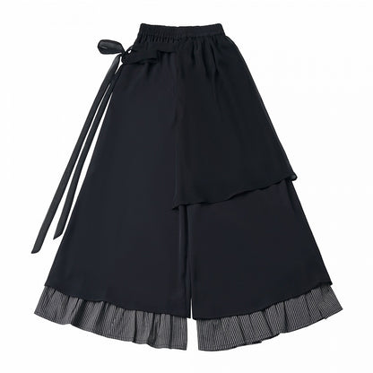 Black Wide-Leg Pants with Striped Hem - PINK SAVIOR