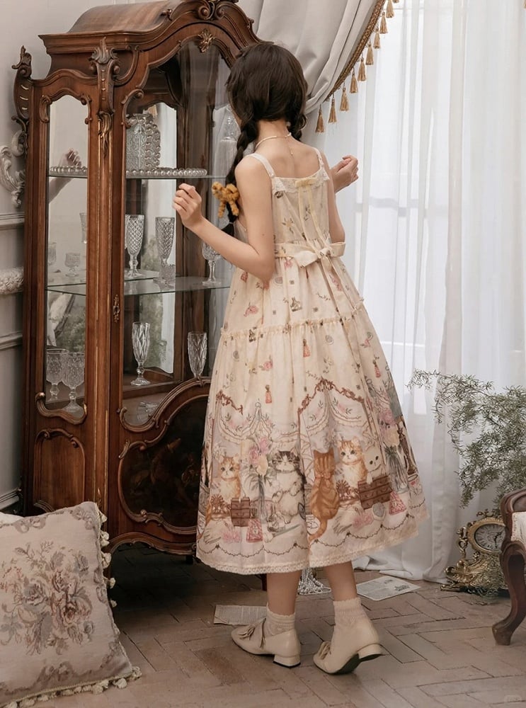 Beige Cat Print High Waist Sweet Lolita Jumper Skirt - NyaNya