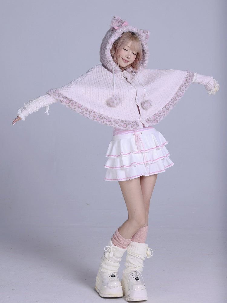 Fur Leopard Pink Cat Knit Faux Gyaru Accents Cape Trim Hime Hooded with Ear Print and Pom-Pom