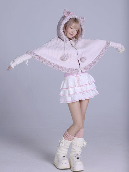 Fur Leopard Pink Cat Knit Faux Gyaru Accents Cape Trim Hime Hooded with Ear Print and Pom-Pom