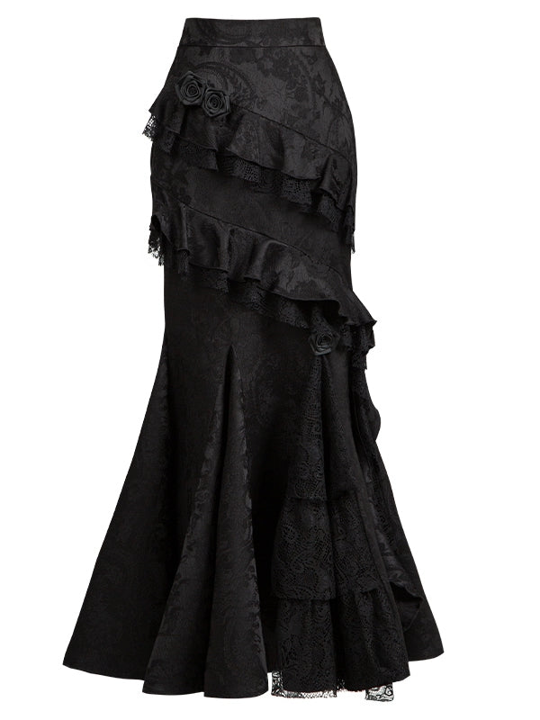 Schwarzer eleganter Gothic Lolita Meerjungfrauenrock mit Volantbesatz