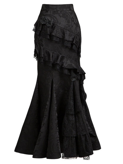 Schwarzer eleganter Gothic Lolita Meerjungfrauenrock mit Volantbesatz