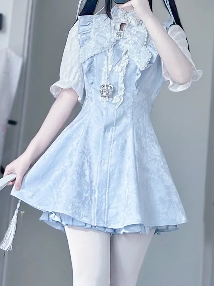 Jirai Blue Tie+Hairclips Light Kei Y2K Sleeves Dress+Shorts+Bow Set-Cheongsam Collar Short
