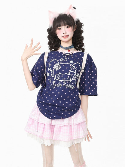 Dark Blue Short Sleeve Tee with Star & Cartoon Girl Print - Languid Park