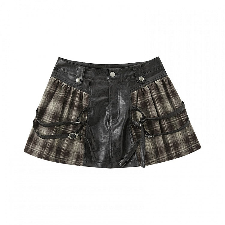 Buckle Brown Plaid Patchwork Design Fashion PU Skirt Punk Millard Straps Vintage