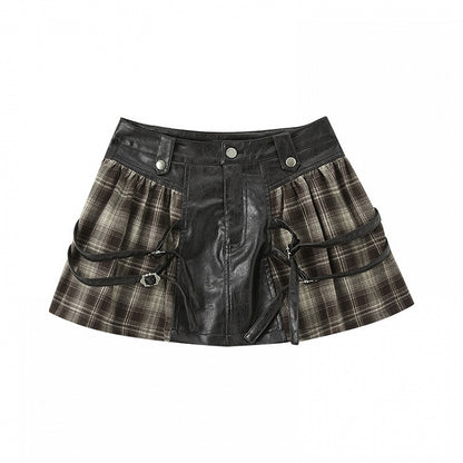 Buckle Brown Plaid Patchwork Design Fashion PU Skirt Punk Millard Straps Vintage