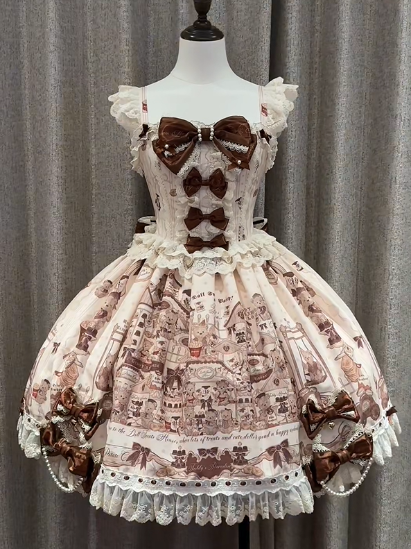 Sweet Brown Little Dress Lace Lolita Bear JSK Flutter with Sleeves Print Beige Details Workshop