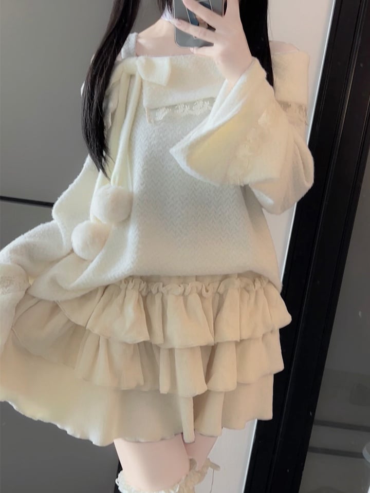 ベージュの蝶結びレースディテールのプラッシュトップ、アプリコットのフリルトリム、膝上丈のティアードスカートセット