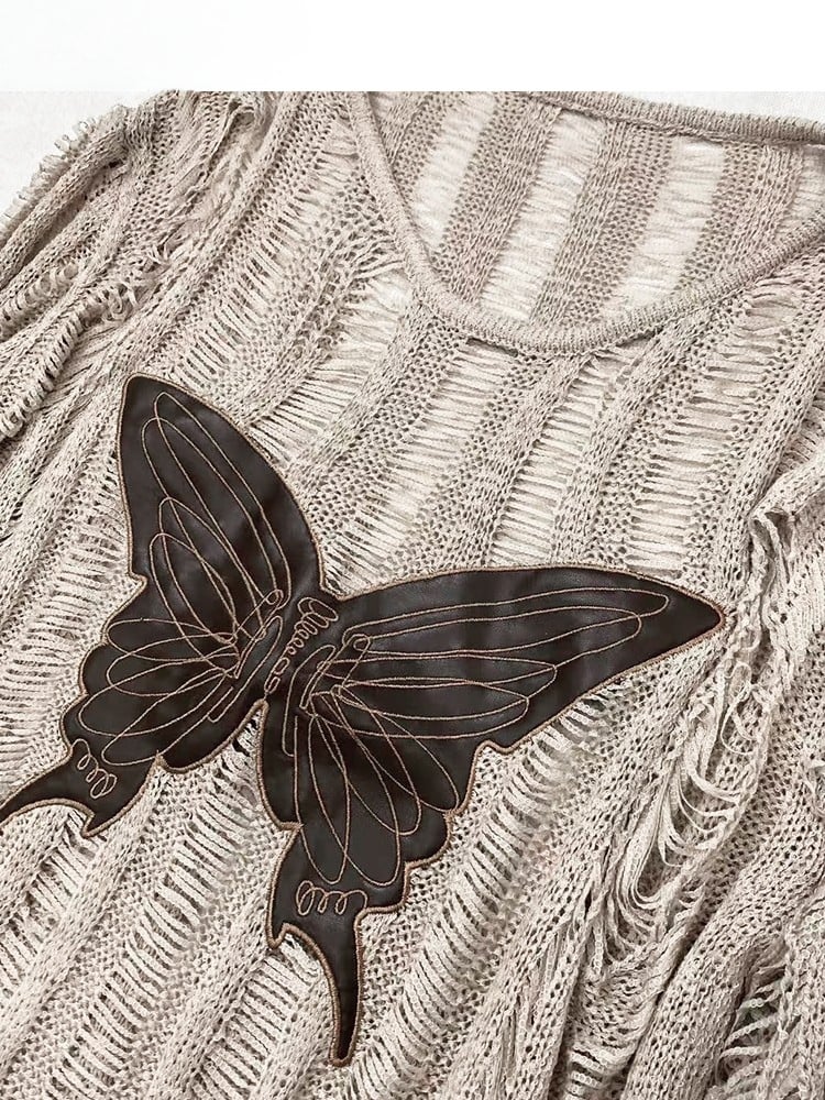 カットアウトバタフライファッションディテールカーキミラードアップリケトップ