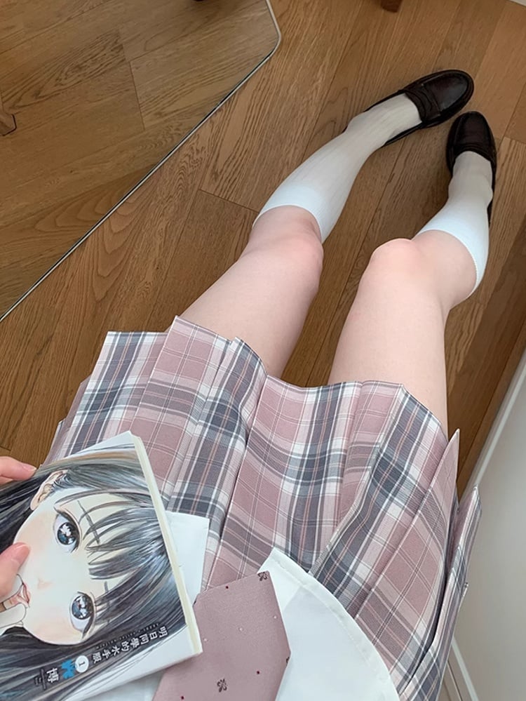 Muster Uniform JK Rock 42CM Plaid Plissee Rosa