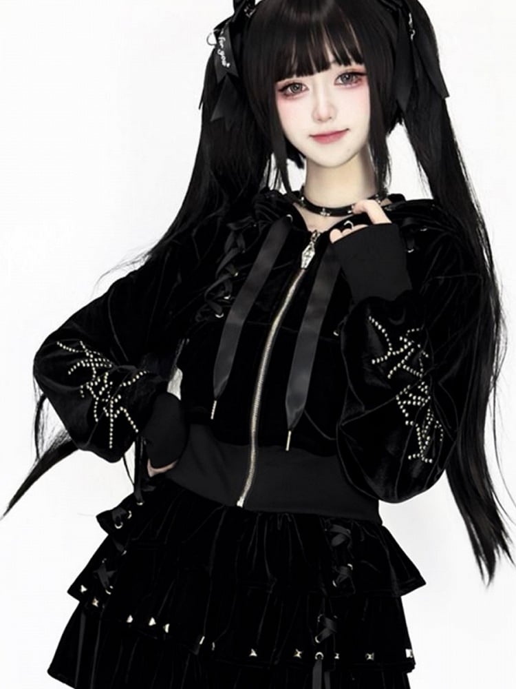 Kei Velvet Black Lace-Up Jirai Stud-Decorated Hoodie Dark