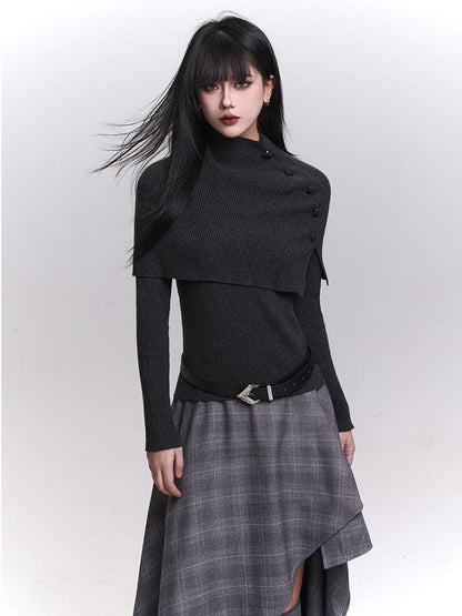 Accents Shawl Set Knit Dark Top Button Gothic Long Gray/Black Sleeves