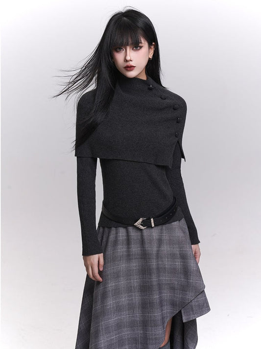 Accents Shawl Set Knit Dark Top Button Gothic Long Gray/Black Sleeves