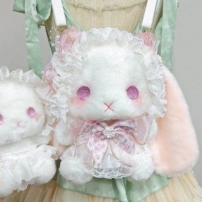 with White Bunny Bowknot Decorated Plush Blue Backpack