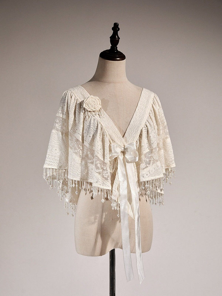 Beige Bow Pearl Tassel Lace Blouse - Tan Tuan