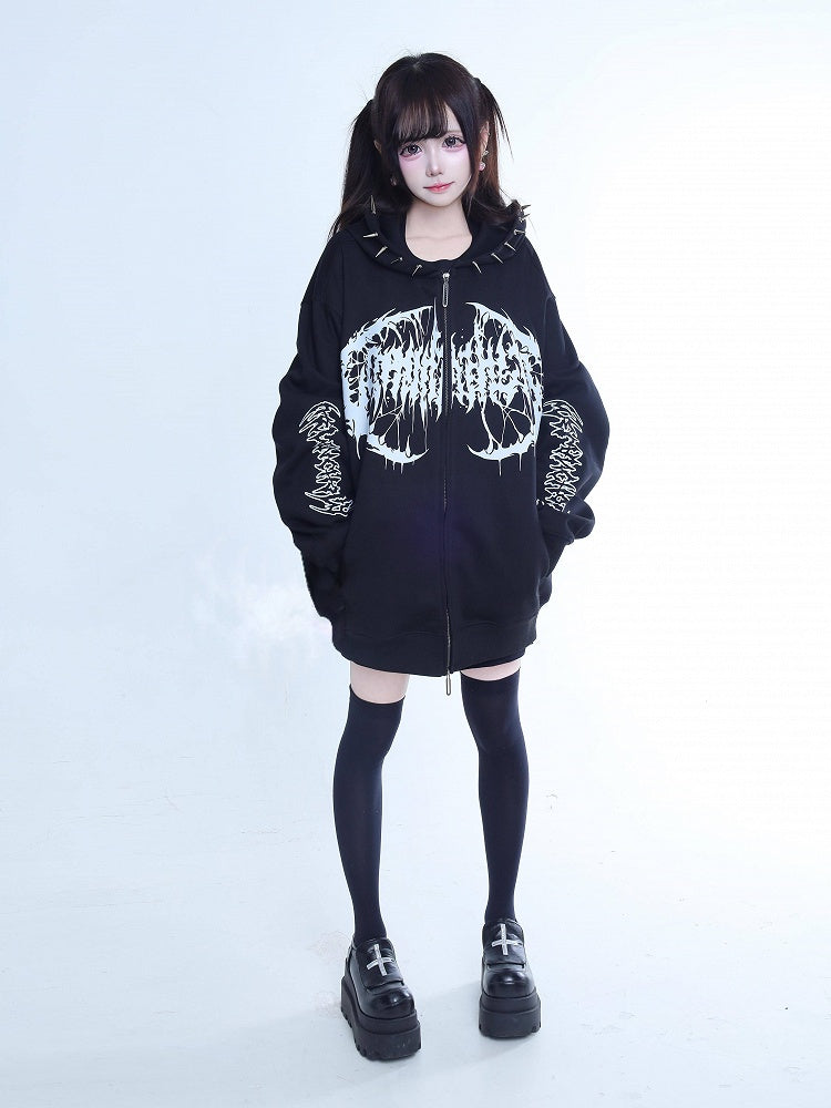 Hoodie Kei Rivet-Decorated Zip Black Jirai White Printed