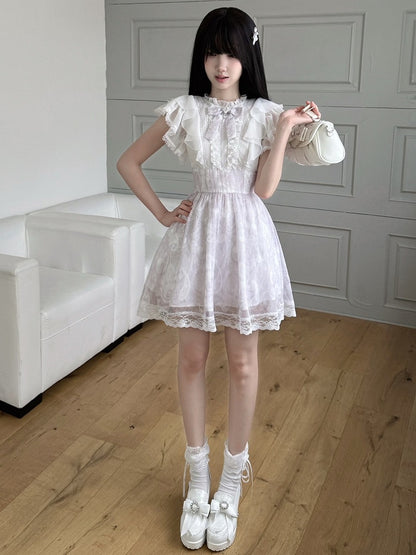 Purple-White Ruffled Flutter Sleeve Dress with Removable Rhinestone Bow - LA LA JK